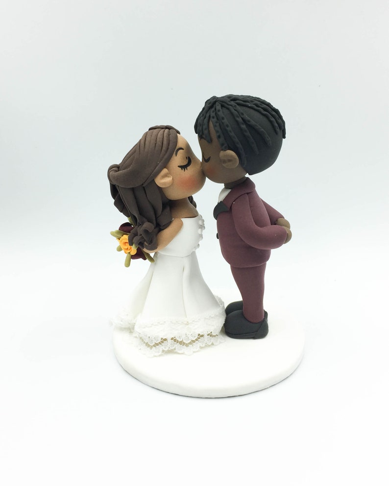 Wedding cake topper, Braid man groom & half up do bride topper, Interracial wedding, African American groom, Latino bride Rustic wedding image 6