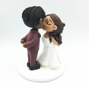 Wedding cake topper, Braid man groom & half up do bride topper, Interracial wedding, African American groom, Latino bride Rustic wedding image 2