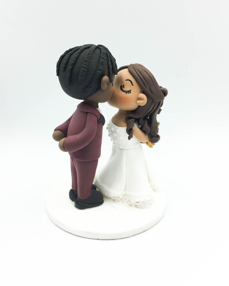 Wedding cake topper, Braid man groom & half up do bride topper, Interracial wedding, African American groom, Latino bride Rustic wedding image 2