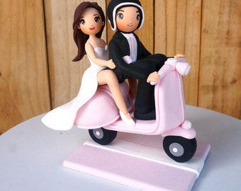 Vespa wedding cake topper, Pink wedding topper bride and groom cake topper, customized wedding clay figurine