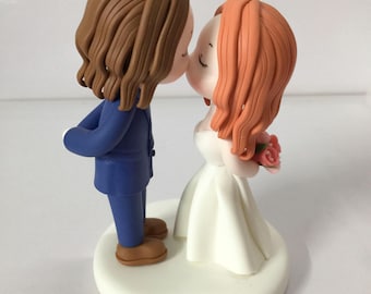 Long hair Groom & Bride wedding cake topper, Sweet heart strapless bridal gown bride, kissing couple topper