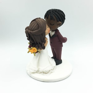 Wedding cake topper, Braid man groom & half up do bride topper, Interracial wedding, African American groom, Latino bride Rustic wedding image 7