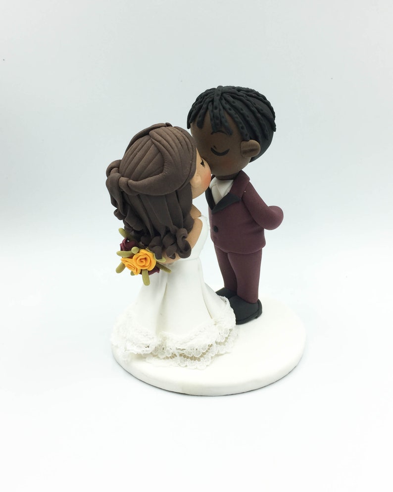 Wedding cake topper, Braid man groom & half up do bride topper, Interracial wedding, African American groom, Latino bride Rustic wedding image 7