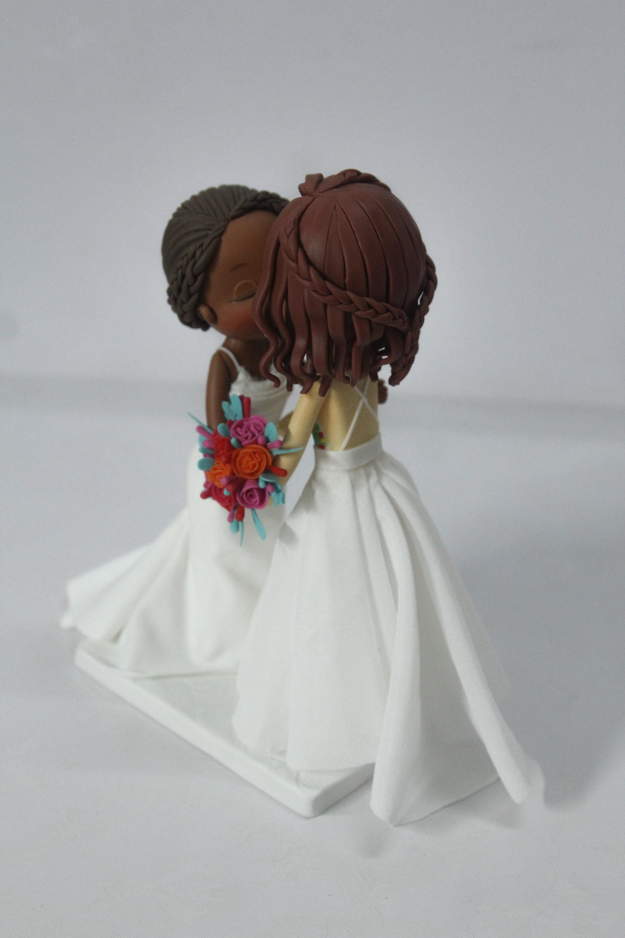 Bride & Bride Wedding Cake Topper, Interracial Same Sex Couple, Mixed Bride & Bride Wedding Cake Topper, Interracial Same Sex Couple, Mixed