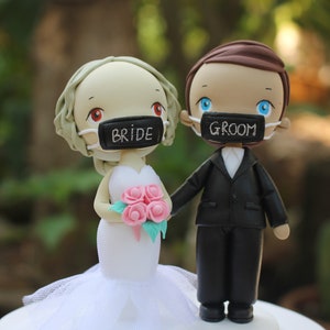 Quarantine wedding cake topper, Elopement bride & groom topper, Frontline wedding topper clay figurine image 1