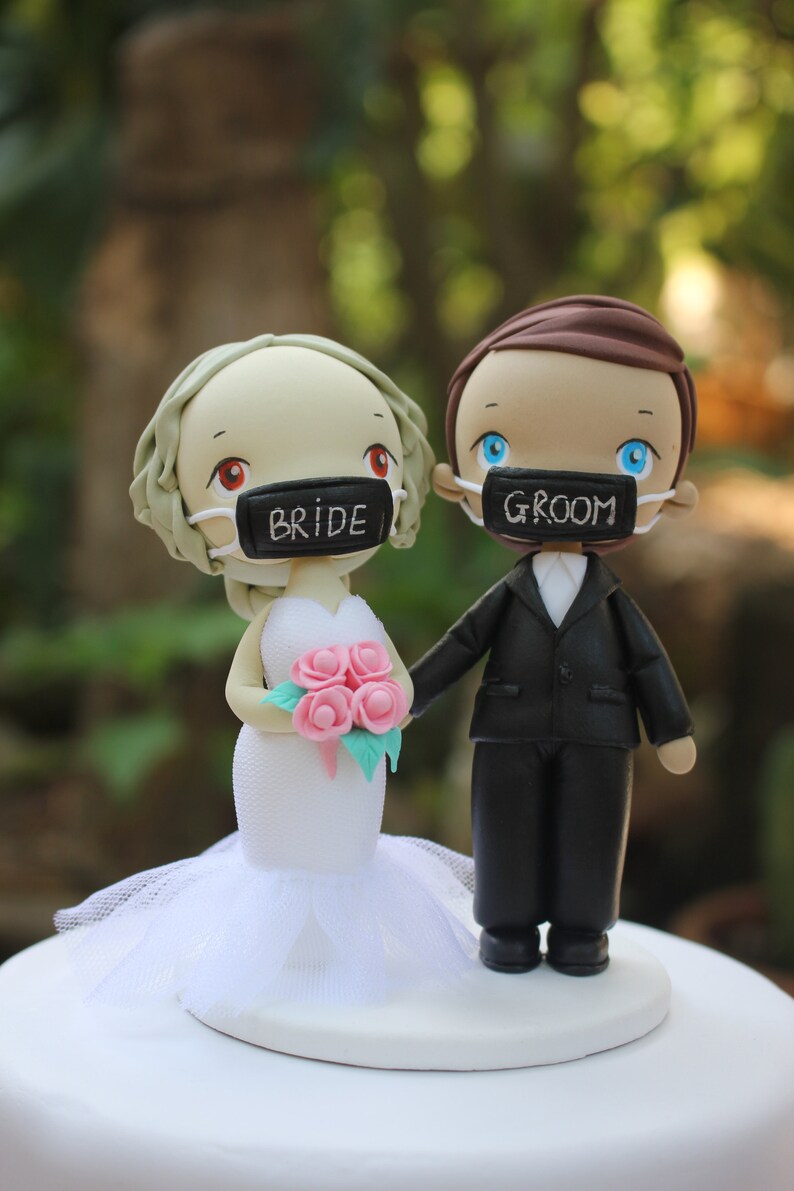 Quarantine wedding cake topper, Elopement bride & groom topper, Frontline wedding topper clay figurine image 1