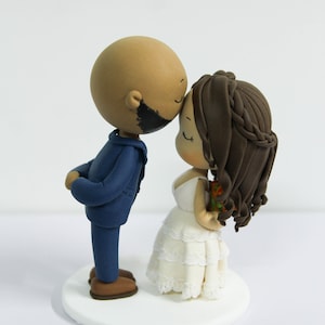 Forehead kissing wedding cake topper, Bald groom & Braided half do bridal hair bride, wedding anniversary