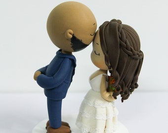 Custom wedding cake topper, Forehead kissing wedding topper, bride & groom cake topper, Bald groom, Braided bridal hair, wedding anniversary