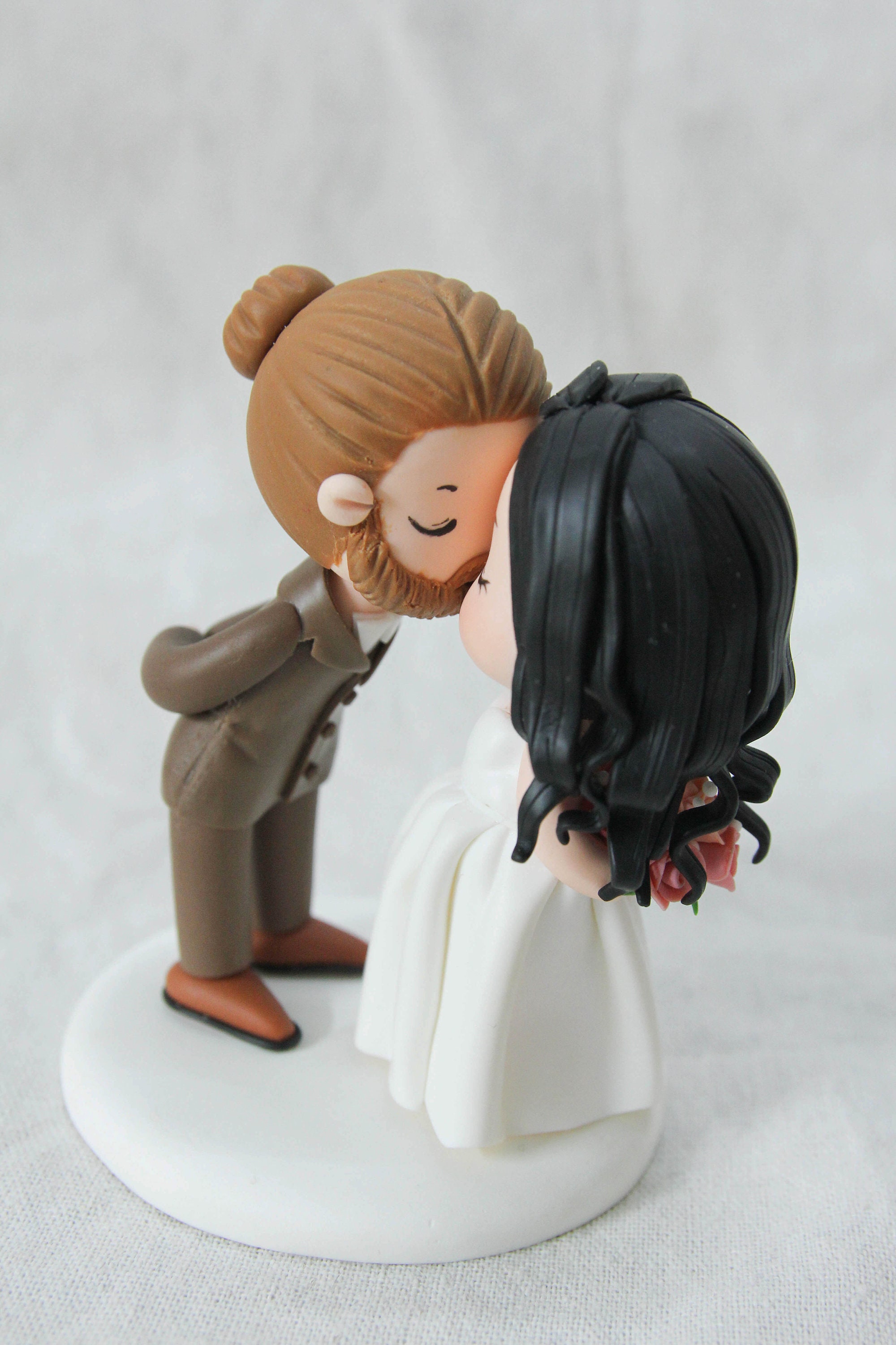 Man Bun Groom and Curly Hair Bride Wedding Cake Topper, Kissing Couple ...