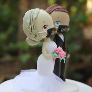 Quarantine wedding cake topper, Elopement bride & groom topper, Frontline wedding topper clay figurine image 5