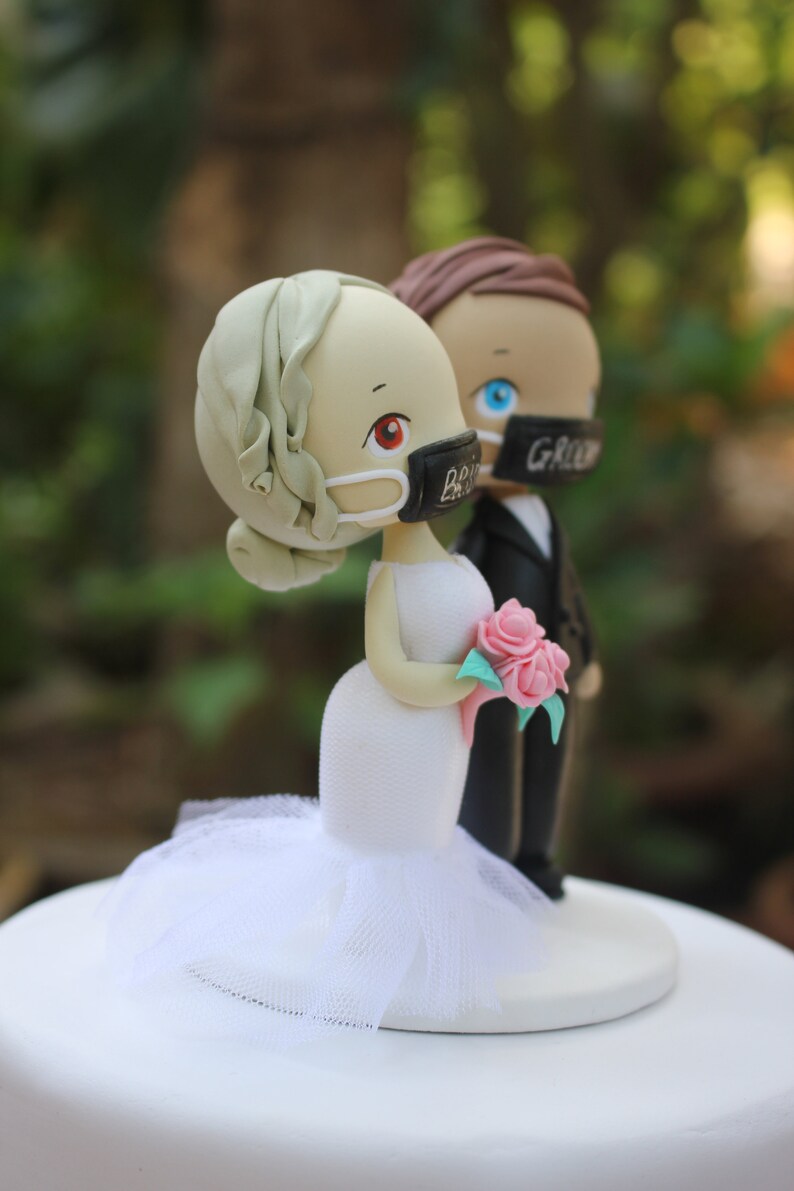 Quarantine wedding cake topper, Elopement bride & groom topper, Frontline wedding topper clay figurine image 5