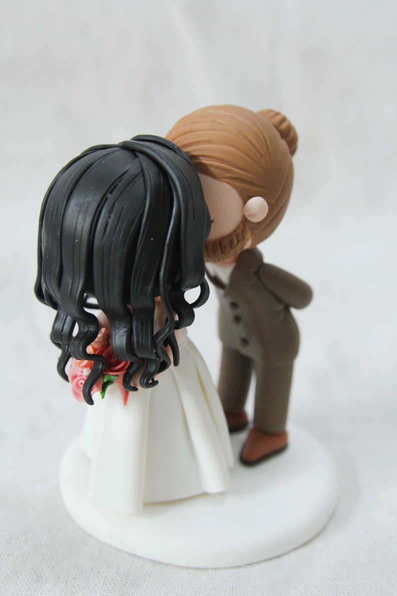 Man Bun Groom and Curly Hair Bride Wedding Cake Topper, Kissing Couple ...