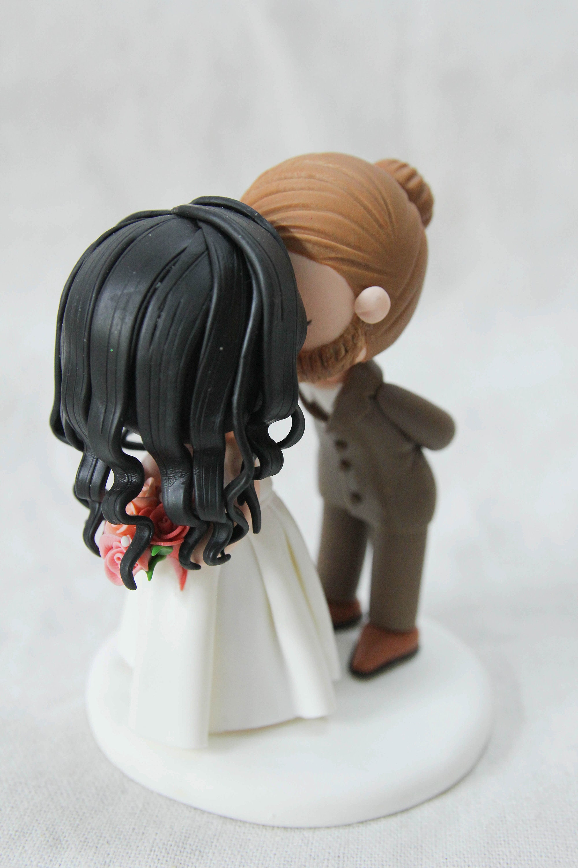 Man Bun Groom and Curly Hair Bride Wedding Cake Topper, Kissing Couple ...