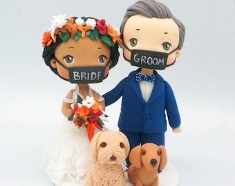 Hippie wedding cake topper, Bride & groom wedding cake topper with dog, Customized Mr and Mrs cake topper, Gold Anniversary wedding topper