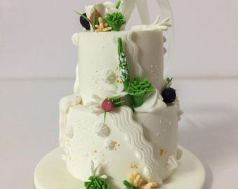 3D Clay Wedding Cake Ornament, 2 tiered Keepsake Replica, Wedding cake ornament replica, 1st 5th 10 year anniversary couple gift