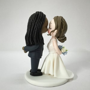 Custom Kissing Bride & Groom topper, Braided bun hairstyle bride and dreadlocks hairstyle groom topper, Sparkle Halter wedding dress