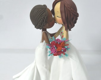 Lesbian wedding cake topper, Interracial wedding gift, same sex theme cake decor, LGBT Pride theme wedding centerpiece