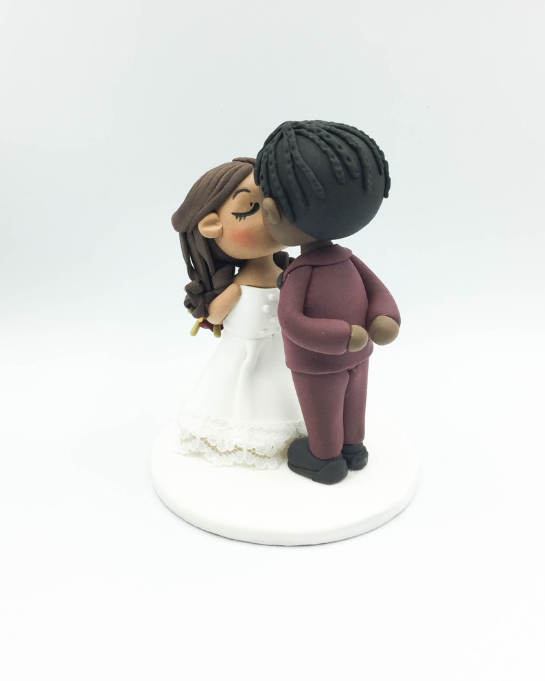 Wedding cake topper, Braid man groom & half up do bride topper, Interracial wedding, African American groom, Latino bride Rustic wedding image 5