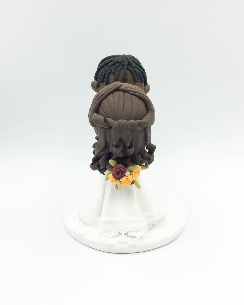 Wedding cake topper, Braid man groom & half up do bride topper, Interracial wedding, African American groom, Latino bride Rustic wedding image 8