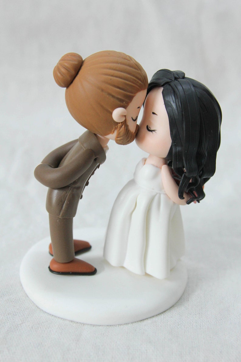 Man Bun Groom and Curly Hair Bride Wedding Cake Topper, Kissing Couple ...
