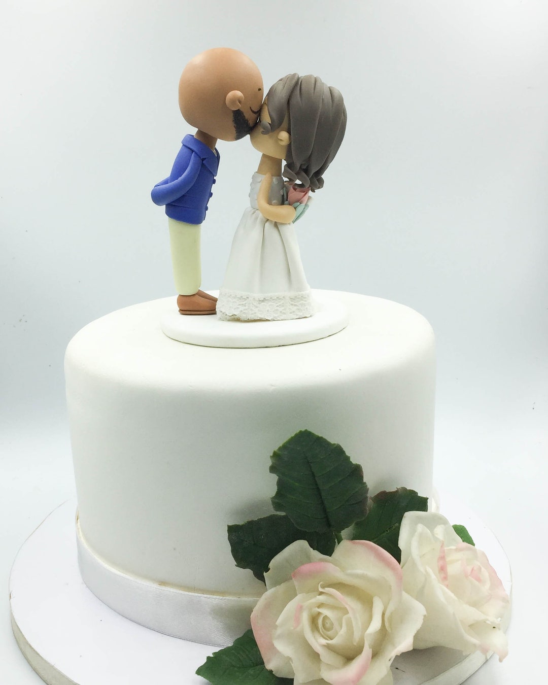 Kissing Wedding Cake Topper, Bald Head Groom and Wavy Bridal Hair Bride