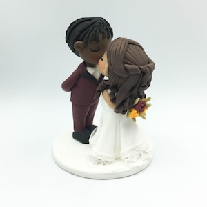 Wedding cake topper, Braid man groom & half up do bride topper, Interracial wedding, African American groom, Latino bride Rustic wedding image 9