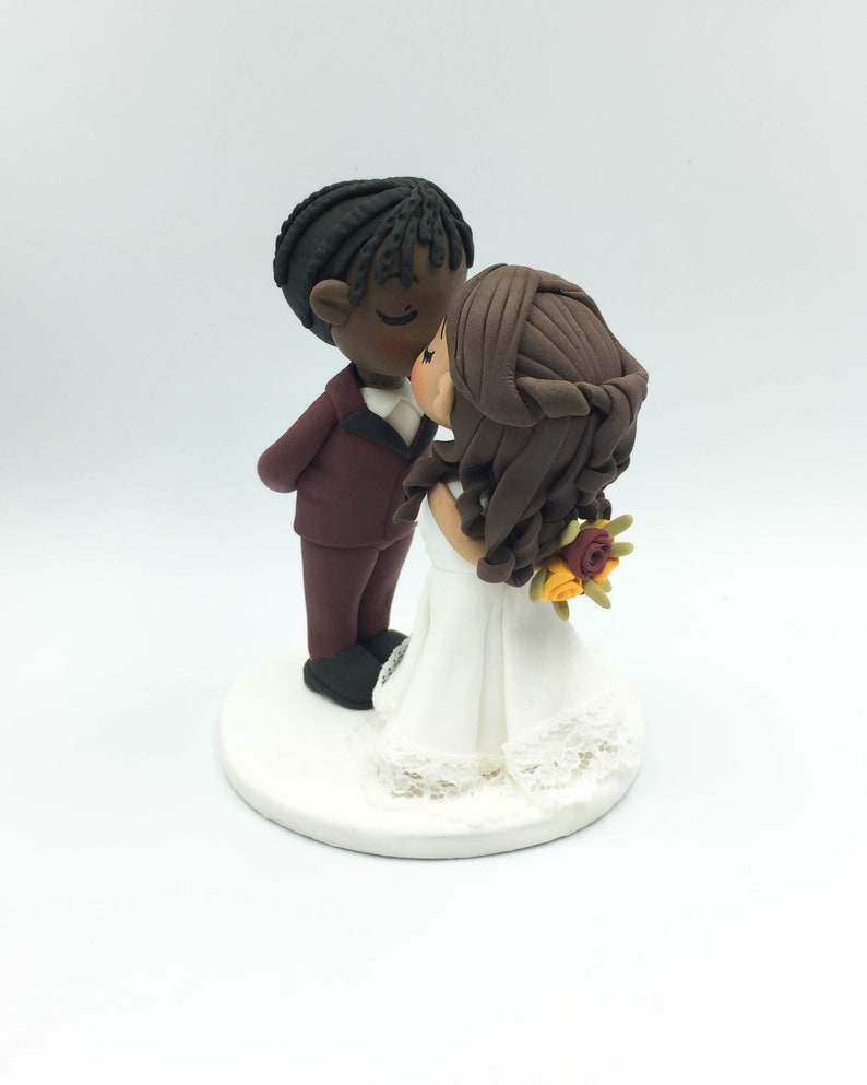 Wedding cake topper, Braid man groom & half up do bride topper, Interracial wedding, African American groom, Latino bride Rustic wedding image 9