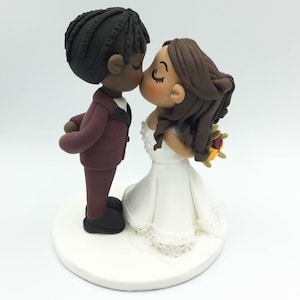 Wedding cake topper, Braid man groom & half up do bride topper, Interracial wedding, African American groom, Latino bride Rustic wedding image 10