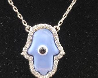 Sterling silver adjustable Hamsa necklace with evil eye