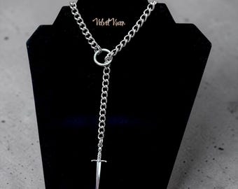 Stainless Steel Sword Dagger O Ring Slip Chain Choker Necklace, Alternative Punk 90s Y2K Goth Jewelry