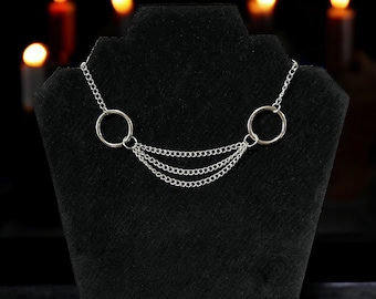 Triple Chain O Ring Necklace, Alternative Punk Gothic Style Jewelry, O Ring Chain Choker