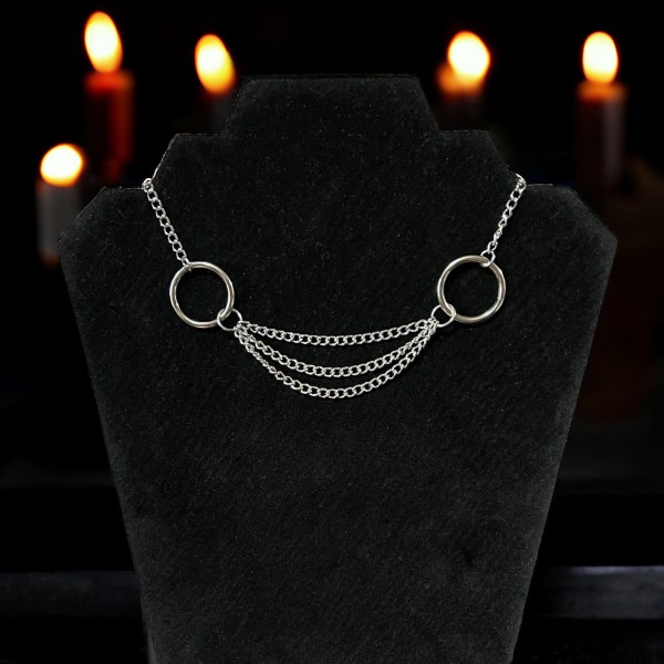 Triple Chain O Ring Necklace, Alternative Punk Gothic Style Jewelry, O Ring Chain Choker