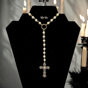 Gold & Pearl Rosary Inspired Gothic Cross Lariat Necklace, Beaded Chain, Alternative Goth Victorian Jewelry