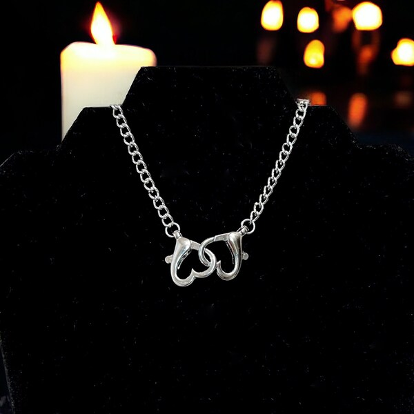 Interlocking Hearts Chain Necklace, Alternative Punk Gothic Style Jewelry, Valentine’s Day Lovecore