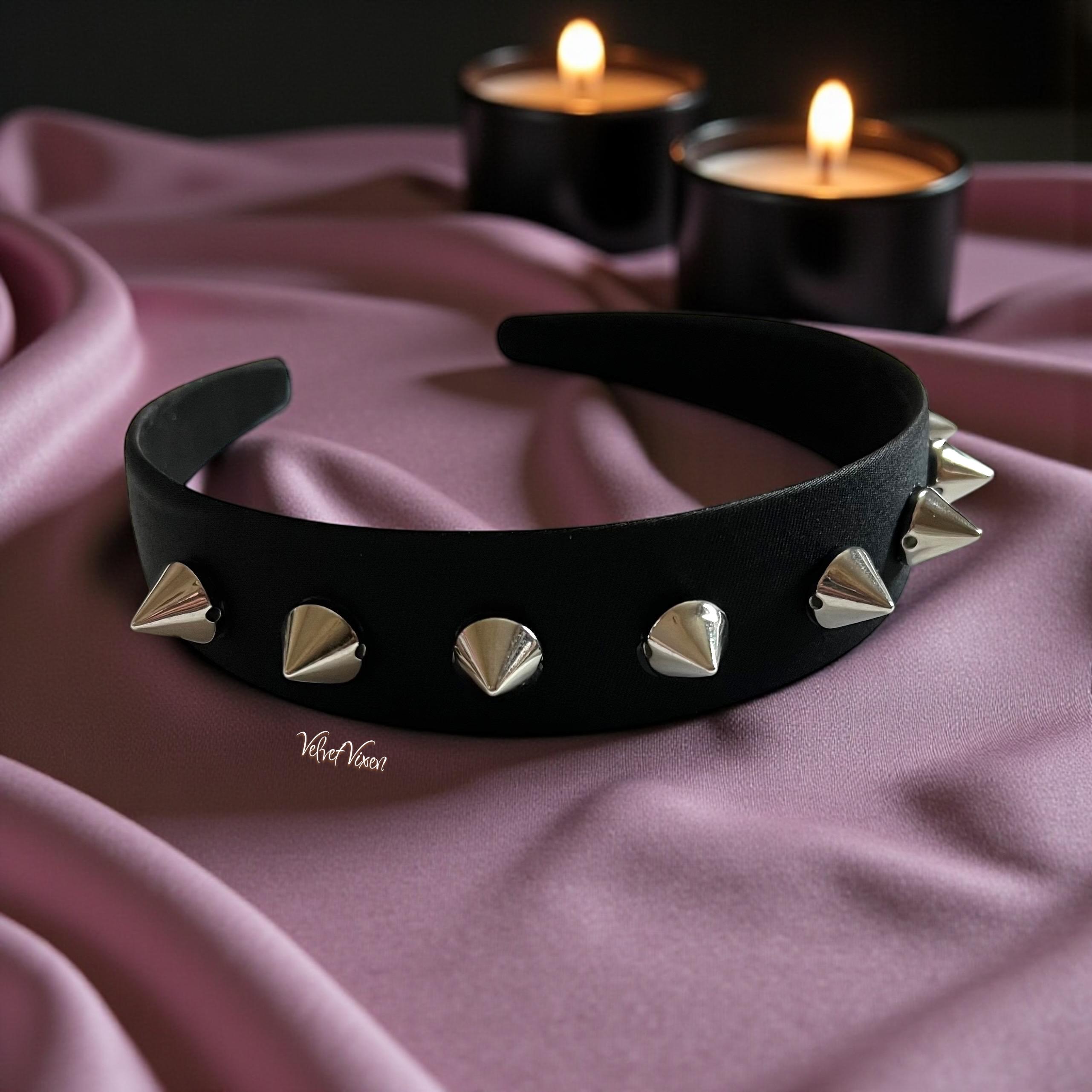 Silver Spike Stud Headband Punk Edgy Statement Black Band Black Satin Headband With Silver Spikes, Studs | Goth  main image 4