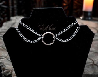 Double Chain Layered O Ring Choker Necklace, Alternative Punk Gothic Jewelry