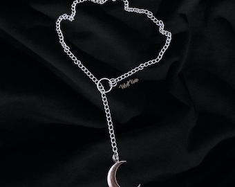Crescent Moon O Ring Slip Chain Necklace, Alternative Gothic Witchy Whimsigoth Jewelry