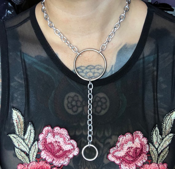 O Ring Chain Lariat Choker Necklace, bdsm jewelry, day collar, goth alternative style jewelry