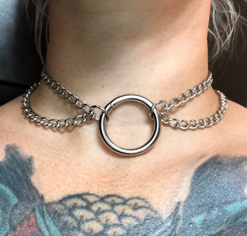 Double Chain O Ring Choker, Layered Choker Necklace, Goth Punk alternative jewelry, bdsm choker, day collar 