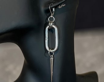 Large Spiked Chain Link Dangle Earrings, Stainless Steel, Punk Goth Alternative Style Jewelry