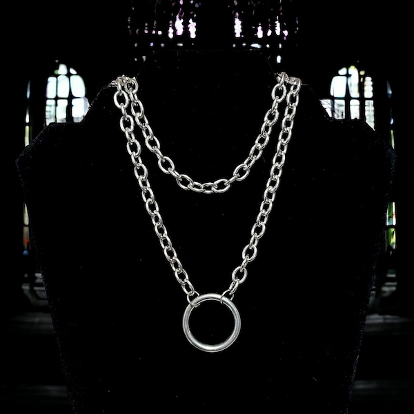 Stainless Steel Layered O ring Chain Necklace, Alternative Grunge Punk 90s Industrial Goth Style, Unisex, Waterproof Jewelry
