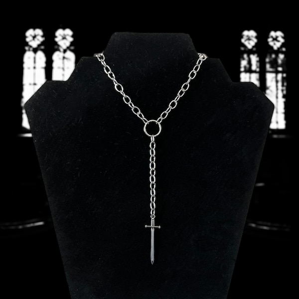 Dagger Sword O Ring Lariat Chain Necklace, Alternative Punk Goth Style Jewelry