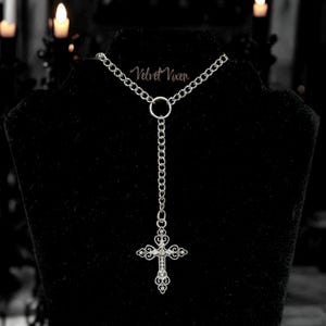 Rosary Inspired Gothic Cross Lariat Necklace, O Ring Curb Chain, Alternative Goth Jewelry