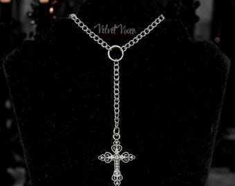 Rosary Inspired Gothic Cross Lariat Necklace, O Ring Curb Chain, Alternative Goth Jewelry