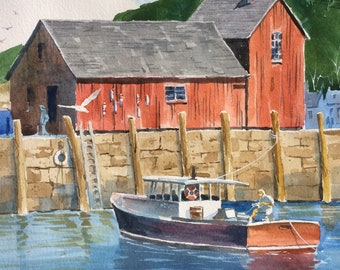 Fishing harbor and boat print