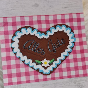 Grußkarte, Lebkuchenherz, Bayrisch, Karierte Karte mit Holzoptik, Alles Gute