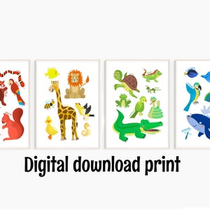 Animal Red Yellow Blue & Green Colours Digital Nursery Print Set of 3 ~ Digital Download