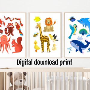 Animal Primary Colours Digital Nursery Print Set of 3 ~ Digital Download