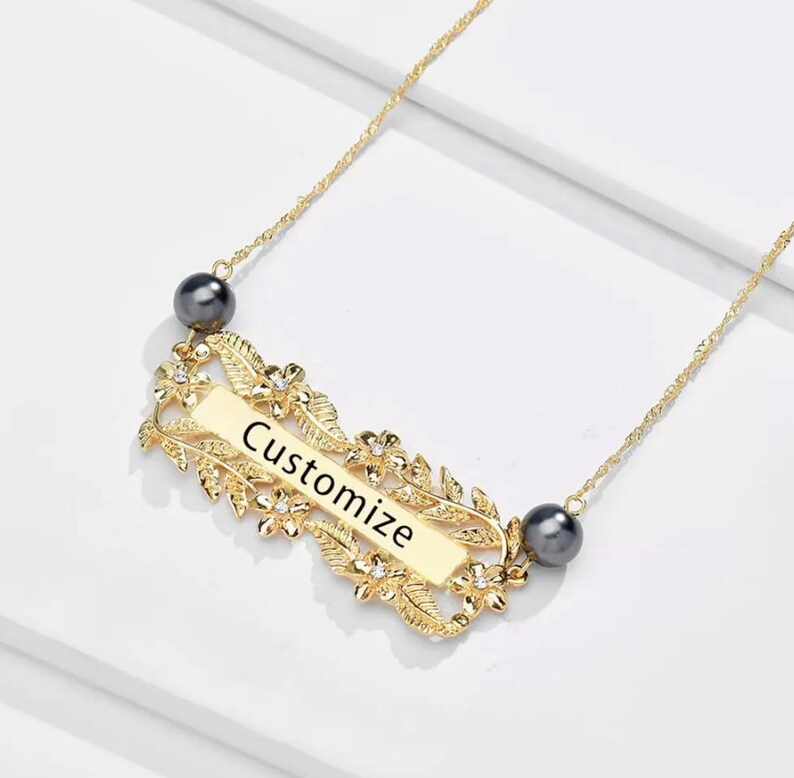 Hawaiian Jewelry Necklace Personalized Traditional Plumeria Rhinestones Maile Lei Pearls Engraved Black Enamel Gold Rose Silver