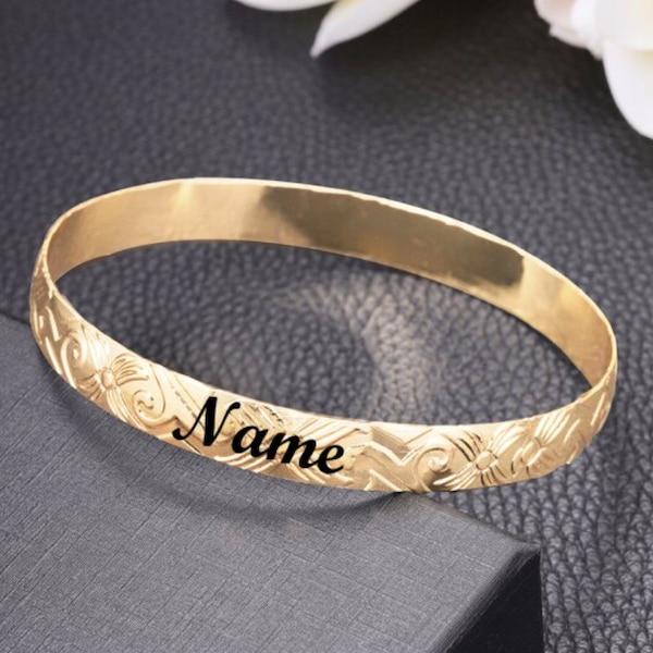 5mm Hawaiian Jewelry Bangle | Customize your name | Personalized Bracelet | Black Enamel | Engraved Bangle | Plumeria | Gift for Her